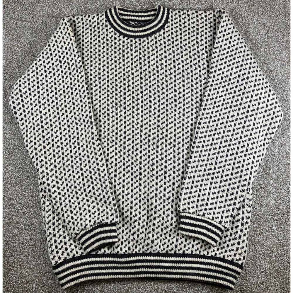 LL Bean Birds Eye Sweater Mens Large Tall Wool Blend Made in Norway Navy White